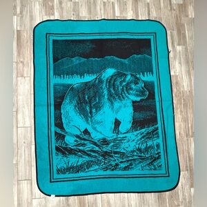 San Marcos Grizzly Bear Blanket Turquoise Black Blue Green Vintage Acrylic 65x87